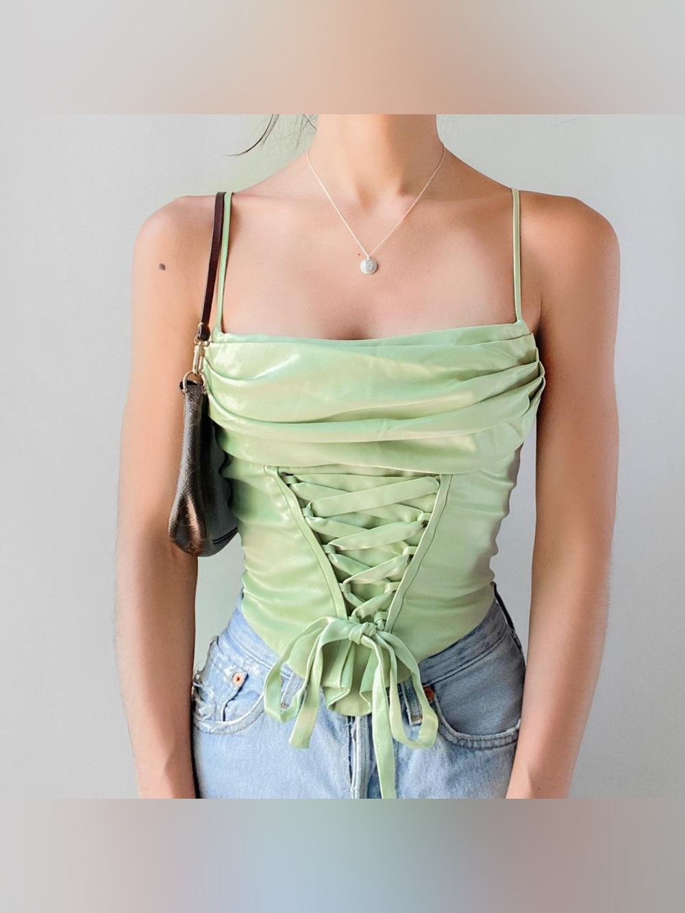 silence + noise Light Green Satin Cowl Lace-Up Camisole